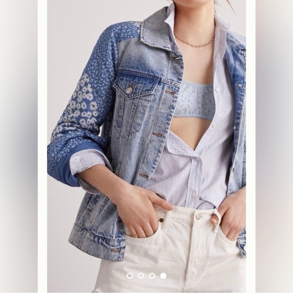 Avec Les Filles Floral Patchwork Blue Denim Jacket Size Medium